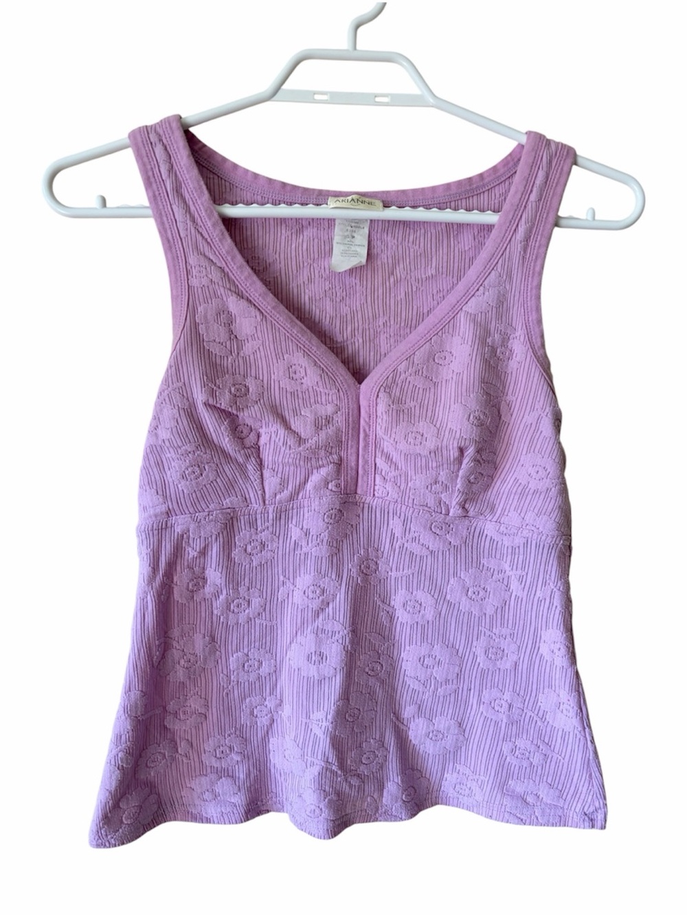 Arianne Lavender Floral Textured Nylon Tank Top Y2K Cottagecore Sweetheart VTG